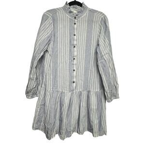 H&M Women’s Small Blue White Striped Button Front Tunic Dress Peplum Hem Cottage
